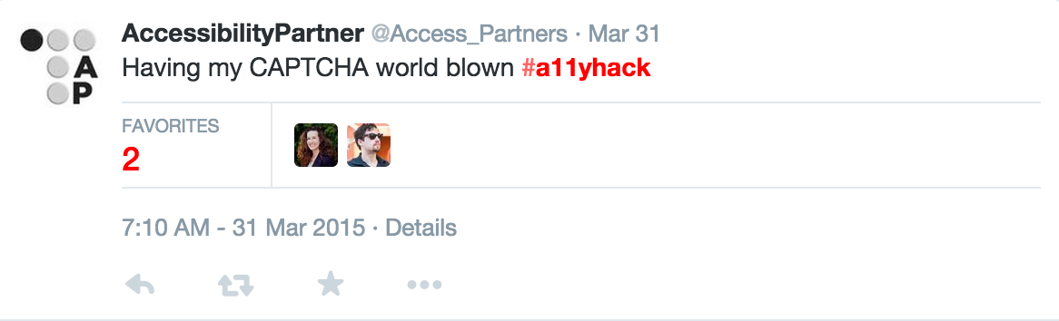 A tweet from Accessibility Partner: &ldquo;Having my CAPTCHA mind blown #a11yhack&rdquo;